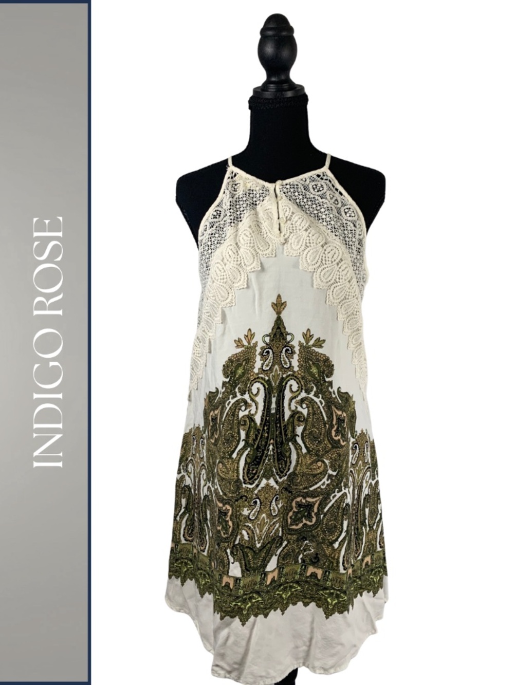 Indigo Rose Paisley Geometric Boho Halter Dress with Lace Accent Women M Cottage
